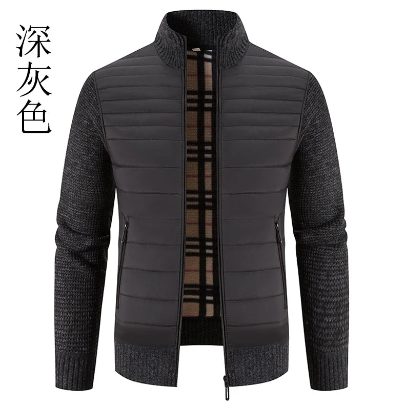 Men Coat Fleece Cardigan Stand Collar Breathable Thicken Warm Knittde Sweater Men Winter Casual Contrast Colors Patchwork Jacket
