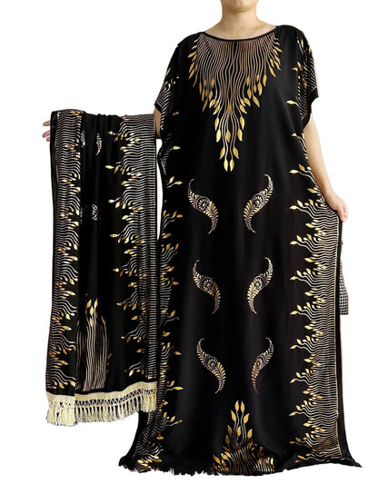 Sommarabaya – Kortärmad med guldfärgade tryck och matchande sjal