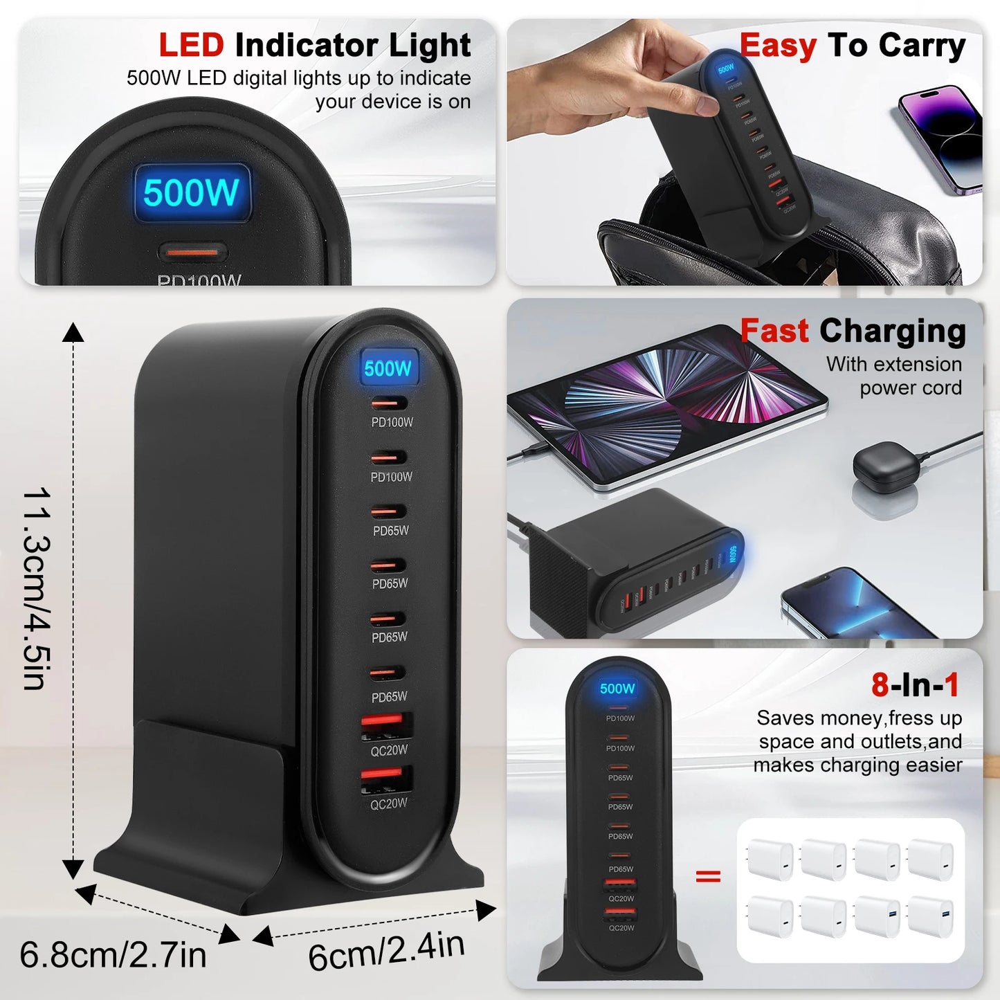 500W USB-C Snabbladdare – 8 portar, intelligent