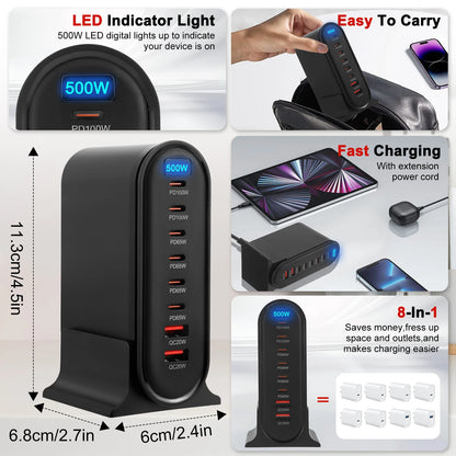 500W USB-C Snabbladdare – 8 portar, intelligent