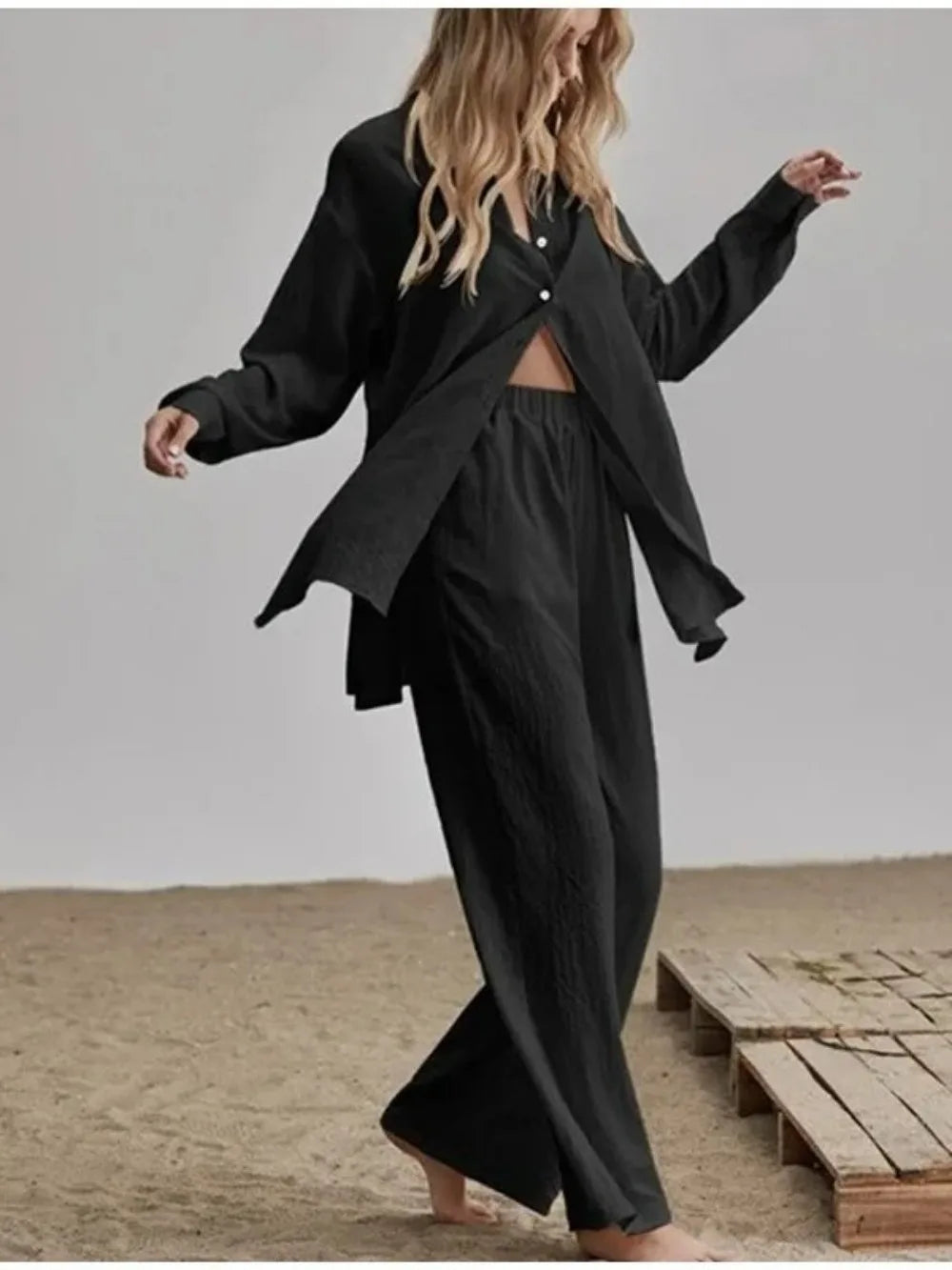 Muslimskt 2-delars Set för Kvinnor – Blus & Vida Byxor i Bomull/Linne