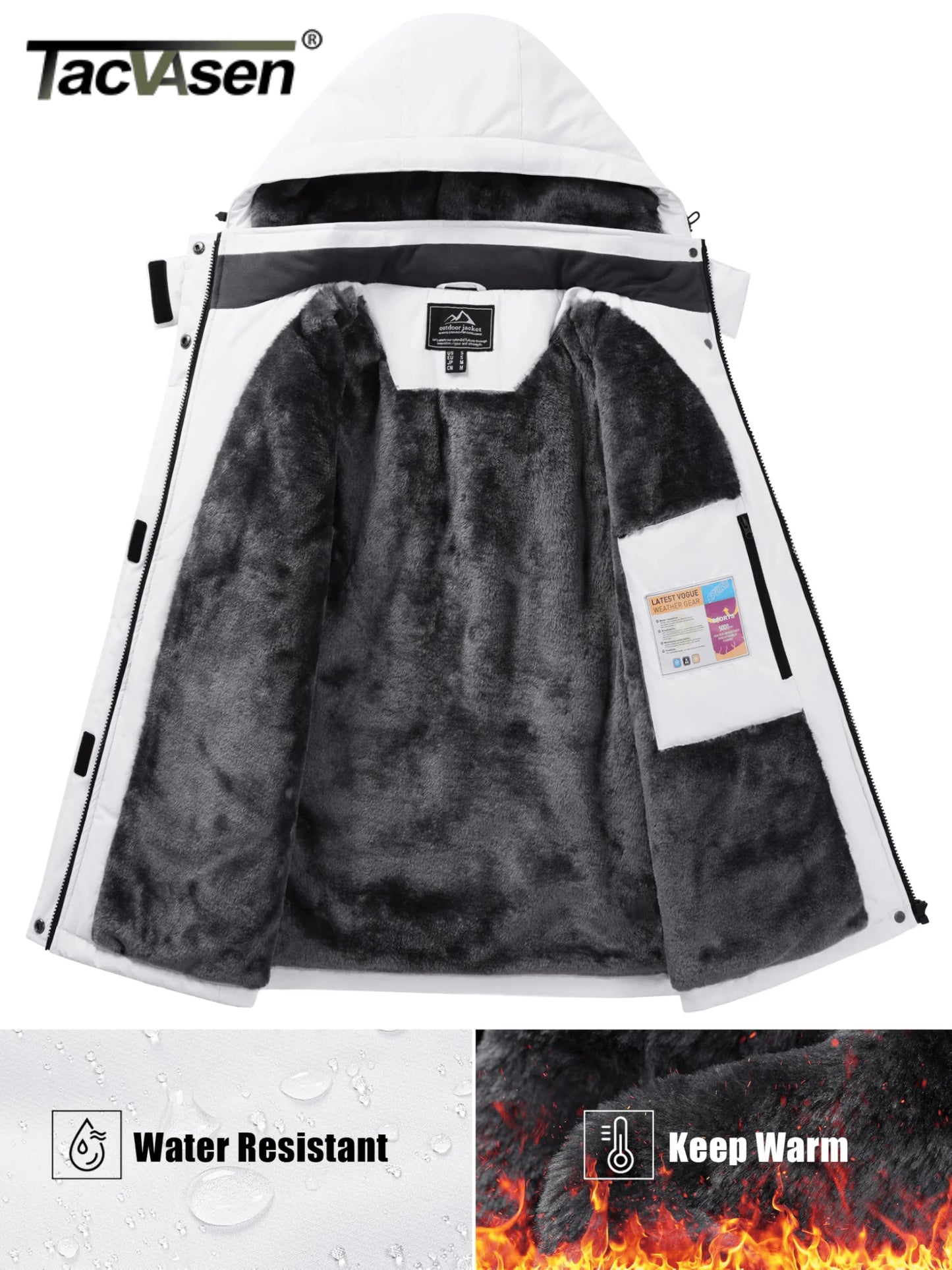 TACVASEN Winter Fleece Lined Hooded Parka Jacket Womens Ski Snowboard Warm Coats Waterproof 5 Zipper Pockets Windbreaker Outwear