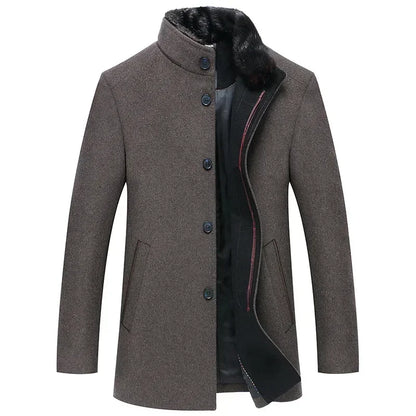 New Winter Men Business Casual Woolen Blends Fur Collar Male Cashmere Trench Coats High Quality Overcoats Warm Jackets Size 3XL