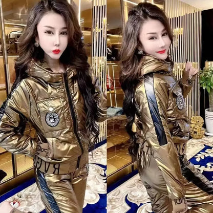 Vinterset för Dam – Glansig Parka & Tjocka Byxor i Oversize Stil