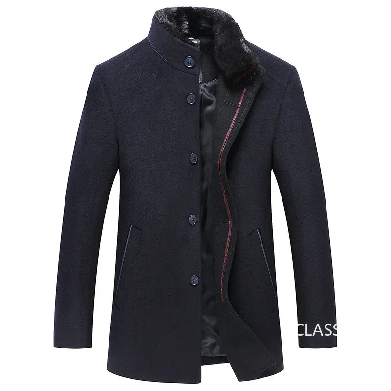 New Winter Men Business Casual Woolen Blends Fur Collar Male Cashmere Trench Coats High Quality Overcoats Warm Jackets Size 3XL