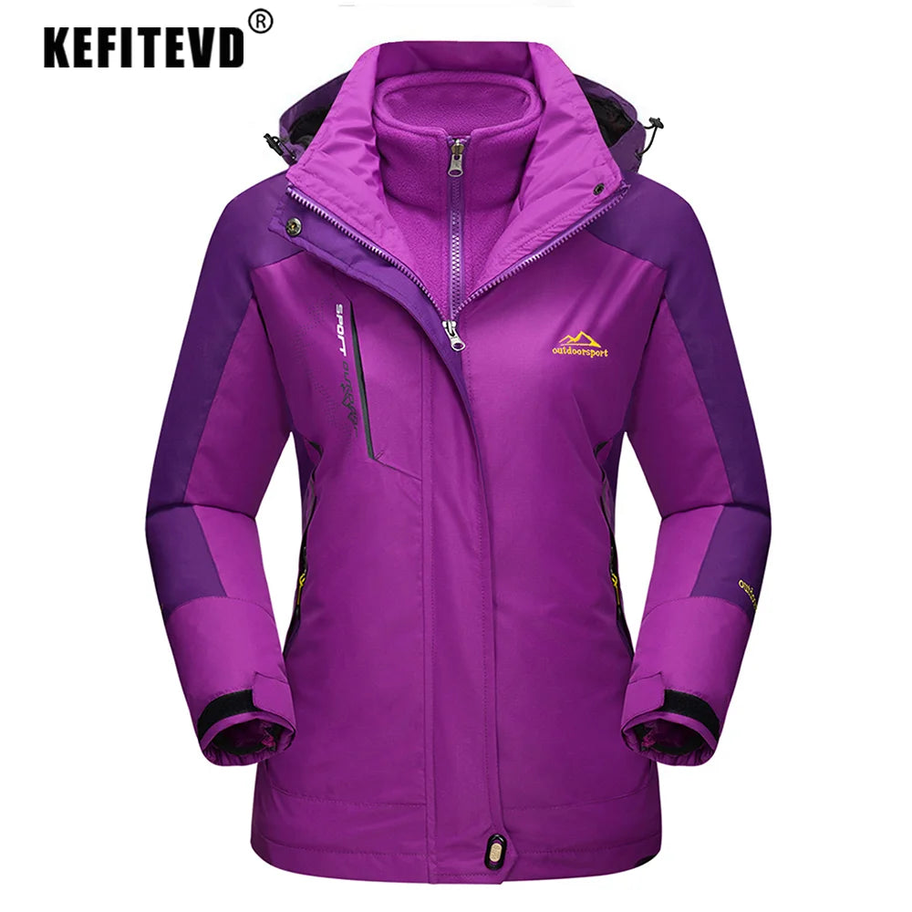 KEFITEVD 3 in1 Women's Winter Ski Jackets Fleece Warm Thermal Snow Waterproof Jacket Hiking Clothing Outdoor Windbreaker Coats
