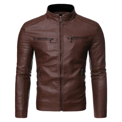 Men's leather jacket 2025 new spring and autumn thin style stand collar striped PU leather jacket motorcycle leather jacket