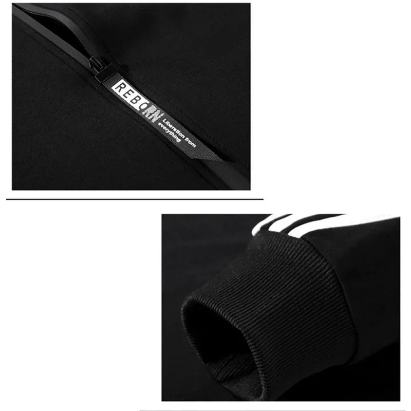 A fashionable sportswear set for men in spring and autumn, featuring a zippered cardigan, jacket, sweatshirt and pants, suitable