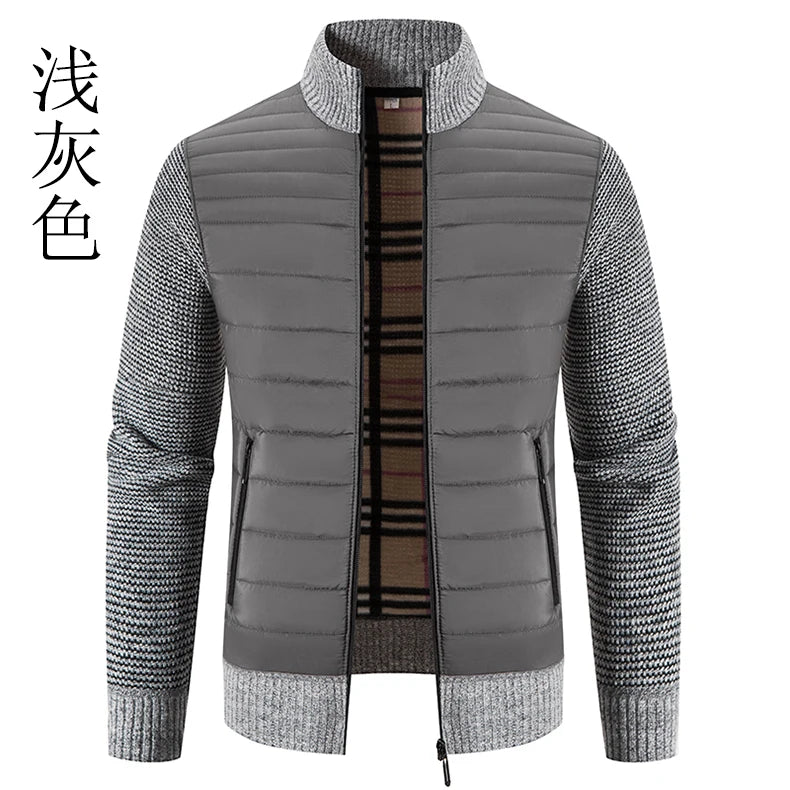 Men Coat Fleece Cardigan Stand Collar Breathable Thicken Warm Knittde Sweater Men Winter Casual Contrast Colors Patchwork Jacket