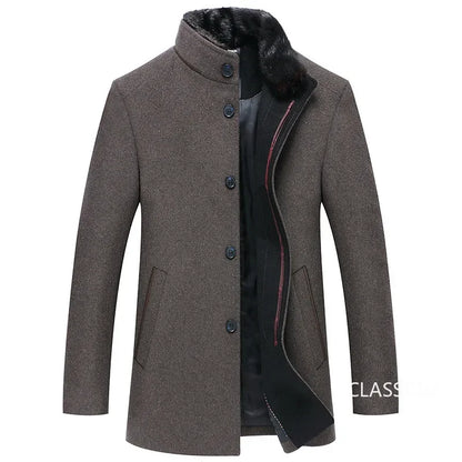 New Winter Men Business Casual Woolen Blends Fur Collar Male Cashmere Trench Coats High Quality Overcoats Warm Jackets Size 3XL