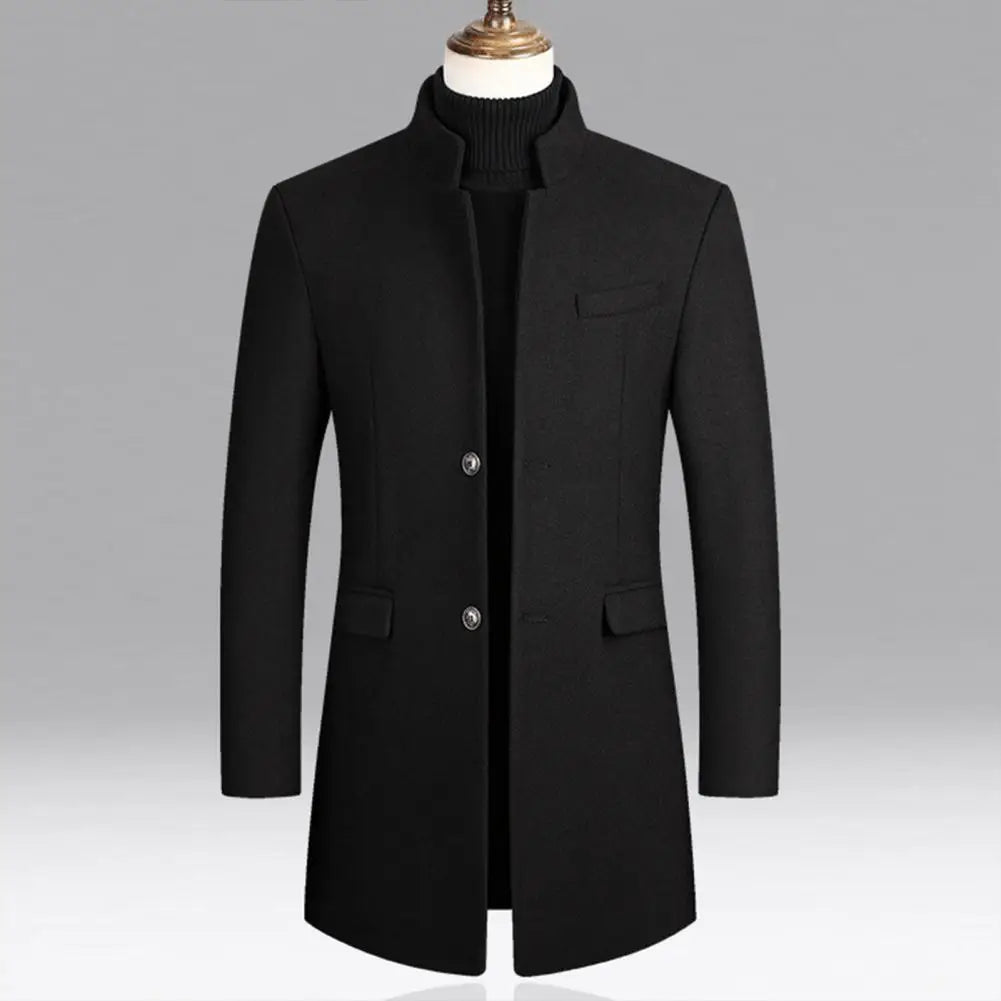 Woolen Coat Male Mid-Length Men Trench Coat Autumn Winter Pockets Single Breasted Slim Fit Windbreaker Coat Men Jacket Outwear