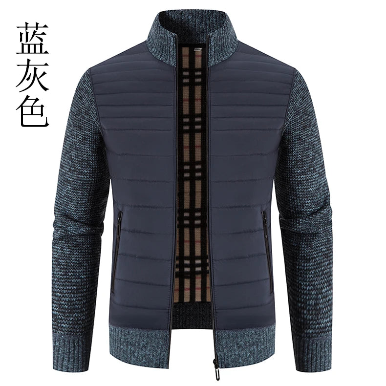Men Coat Fleece Cardigan Stand Collar Breathable Thicken Warm Knittde Sweater Men Winter Casual Contrast Colors Patchwork Jacket