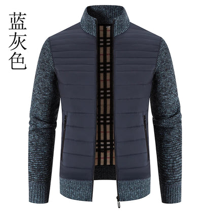 Men Coat Fleece Cardigan Stand Collar Breathable Thicken Warm Knittde Sweater Men Winter Casual Contrast Colors Patchwork Jacket