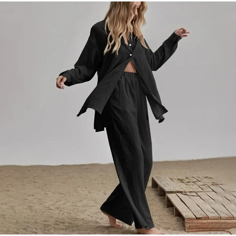 Muslimskt 2-delars Set för Kvinnor – Blus & Vida Byxor i Bomull/Linne