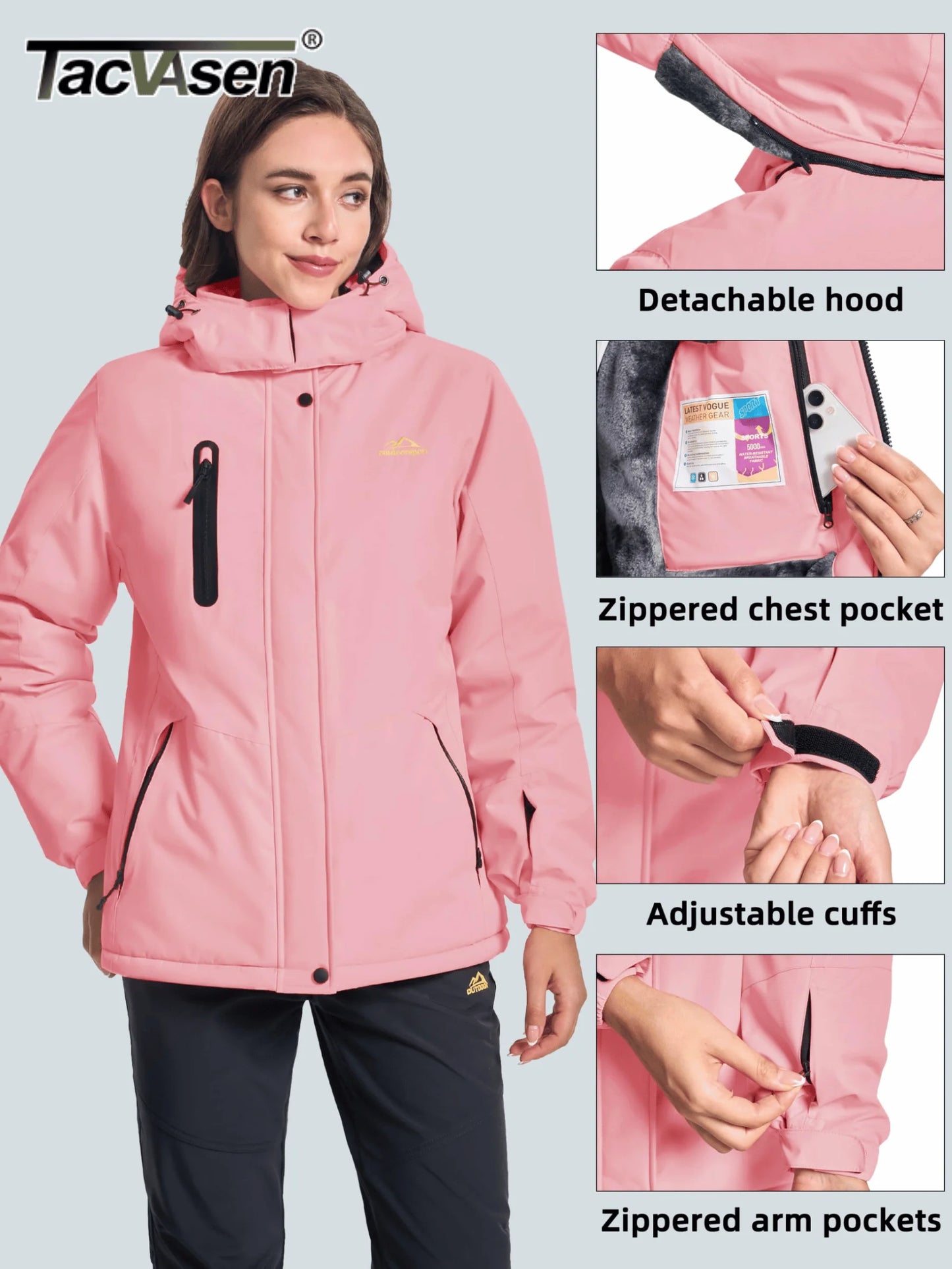 TACVASEN Winter Fleece Lined Hooded Parka Jacket Womens Ski Snowboard Warm Coats Waterproof 5 Zipper Pockets Windbreaker Outwear