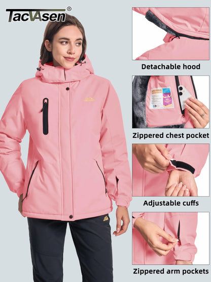 TACVASEN Winter Fleece Lined Hooded Parka Jacket Womens Ski Snowboard Warm Coats Waterproof 5 Zipper Pockets Windbreaker Outwear