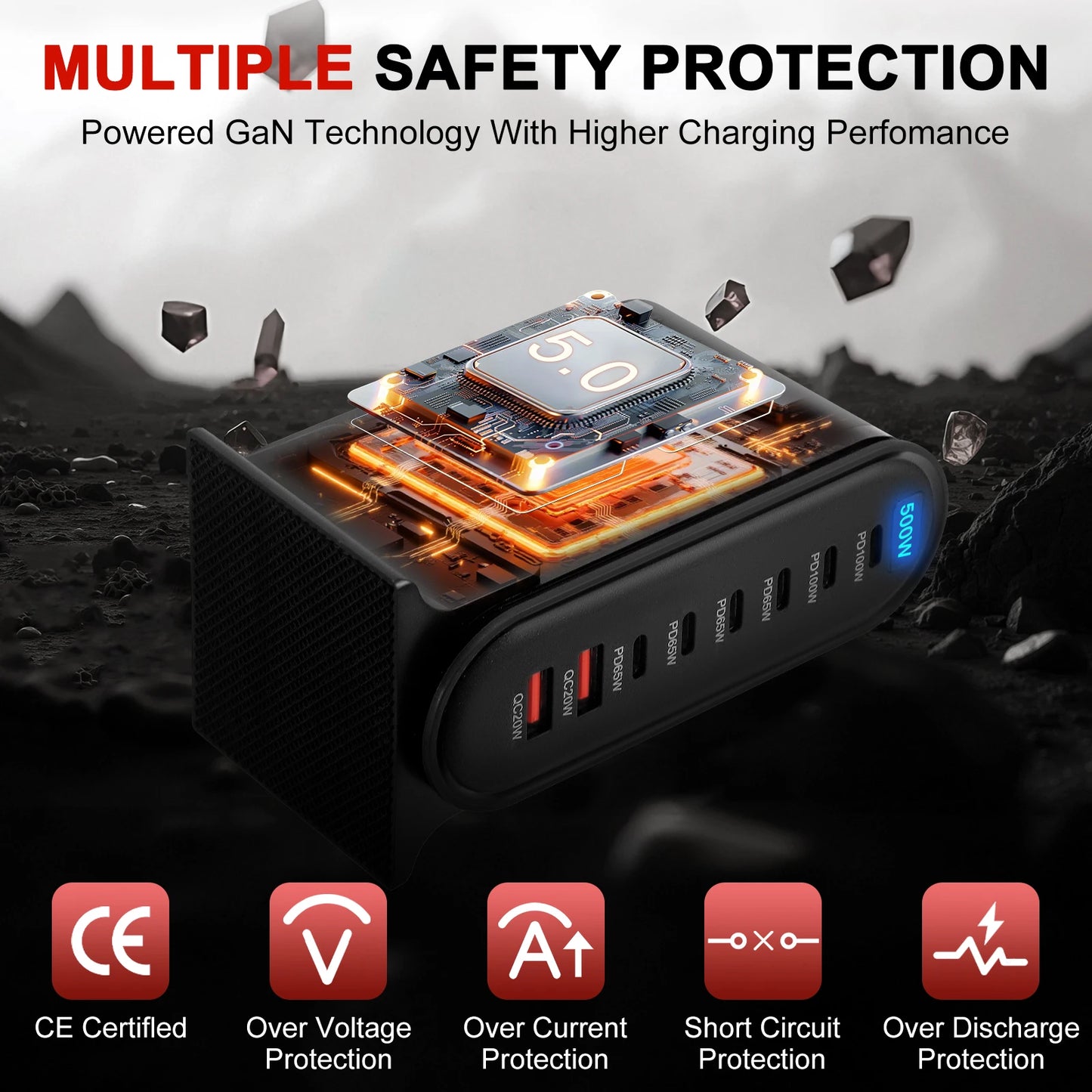 500W USB-C Snabbladdare – 8 portar, intelligent