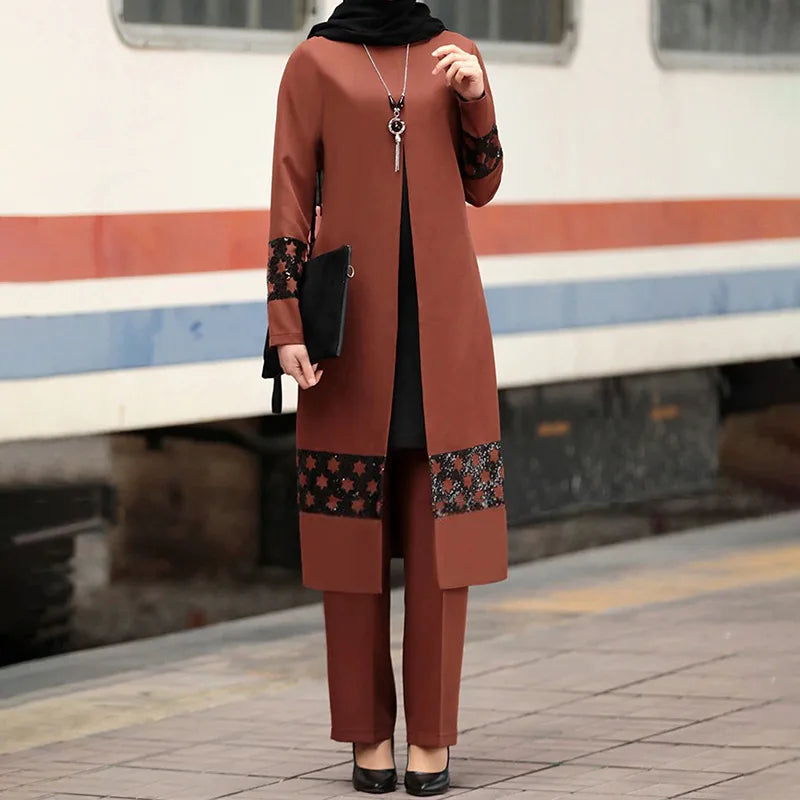 Dam Abaya-set – 2-delad kaftan med korsett & vida byxor