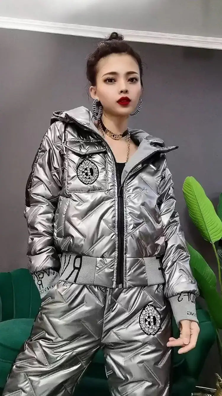 Vinterset för Dam – Glansig Parka & Tjocka Byxor i Oversize Stil