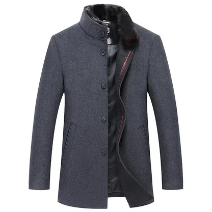 New Winter Men Business Casual Woolen Blends Fur Collar Male Cashmere Trench Coats High Quality Overcoats Warm Jackets Size 3XL