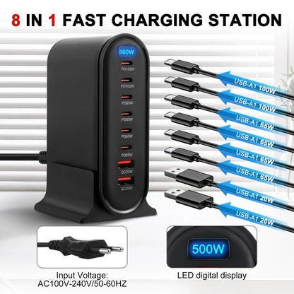 500W USB-C Snabbladdare – 8 portar, intelligent