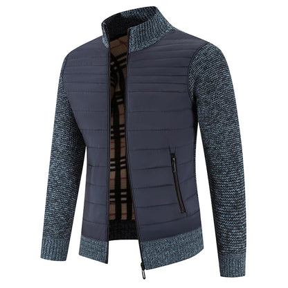 Men Coat Fleece Cardigan Stand Collar Breathable Thicken Warm Knittde Sweater Men Winter Casual Contrast Colors Patchwork Jacket