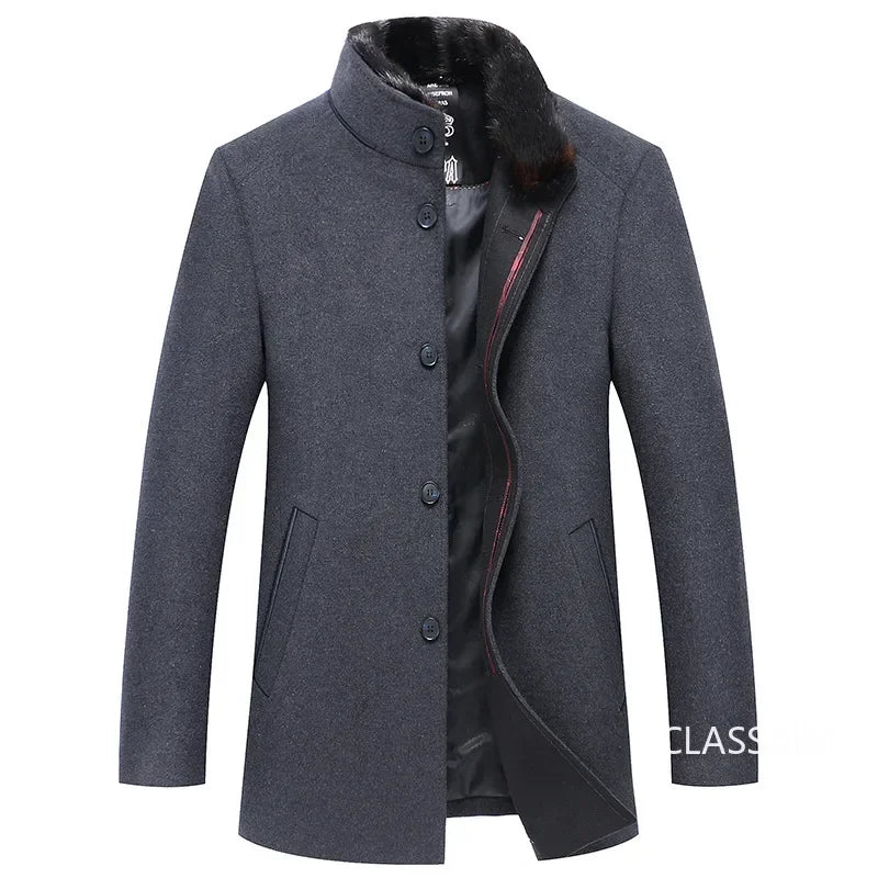 New Winter Men Business Casual Woolen Blends Fur Collar Male Cashmere Trench Coats High Quality Overcoats Warm Jackets Size 3XL