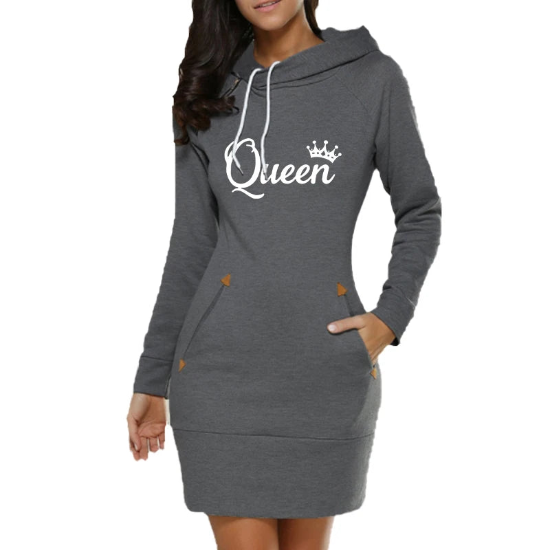 Dam Hoodie Klänning – Queen Print, Långärmad med Fickor