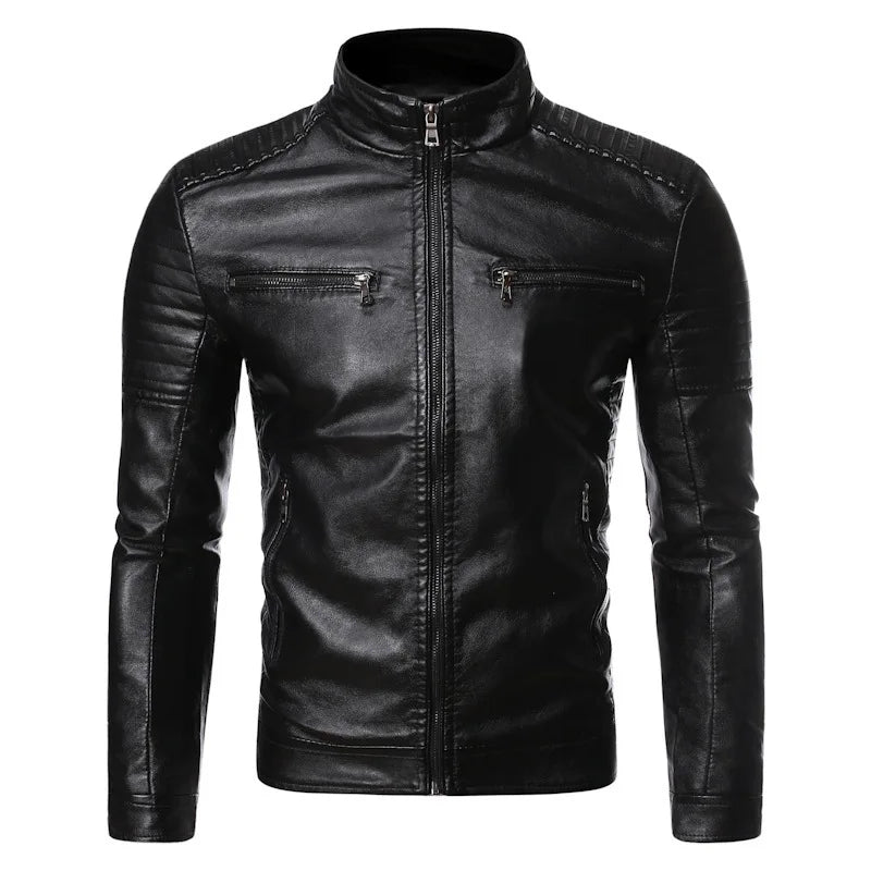 Men's leather jacket 2025 new spring and autumn thin style stand collar striped PU leather jacket motorcycle leather jacket