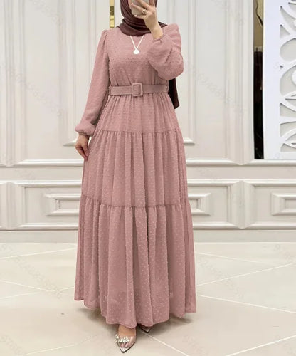 Lång Abaya för kvinnor – modest klänning med bälte, kaftan för Eid & Ramadan