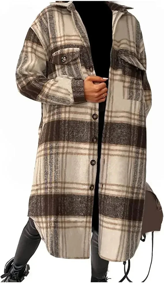 Dam Trenchcoat – Enkelknäppt Ullkappa med Rutig Design