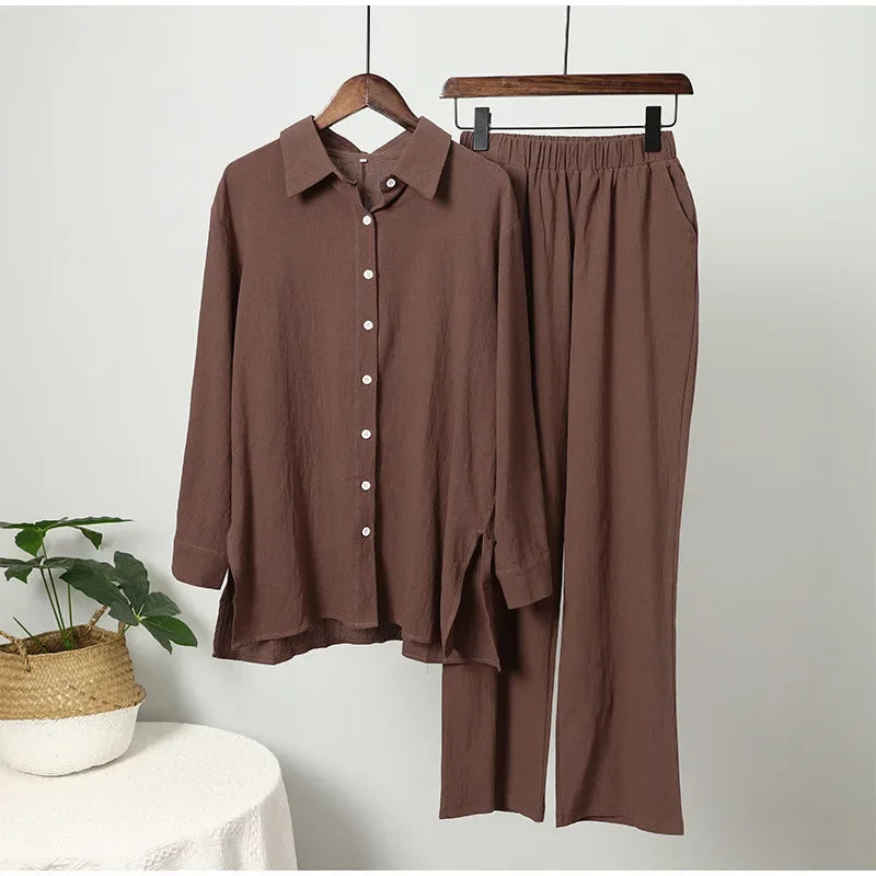 Muslimskt 2-delars Set för Kvinnor – Blus & Vida Byxor i Bomull/Linne