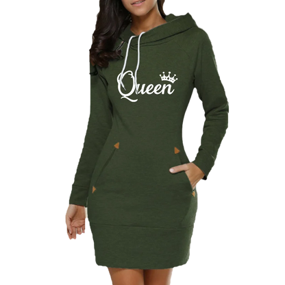 Dam Hoodie Klänning – Queen Print, Långärmad med Fickor