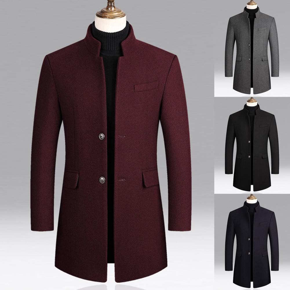 Woolen Coat Male Mid-Length Men Trench Coat Autumn Winter Pockets Single Breasted Slim Fit Windbreaker Coat Men Jacket Outwear