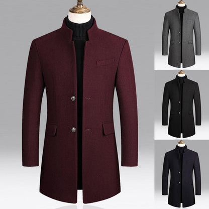 Woolen Coat Male Mid-Length Men Trench Coat Autumn Winter Pockets Single Breasted Slim Fit Windbreaker Coat Men Jacket Outwear