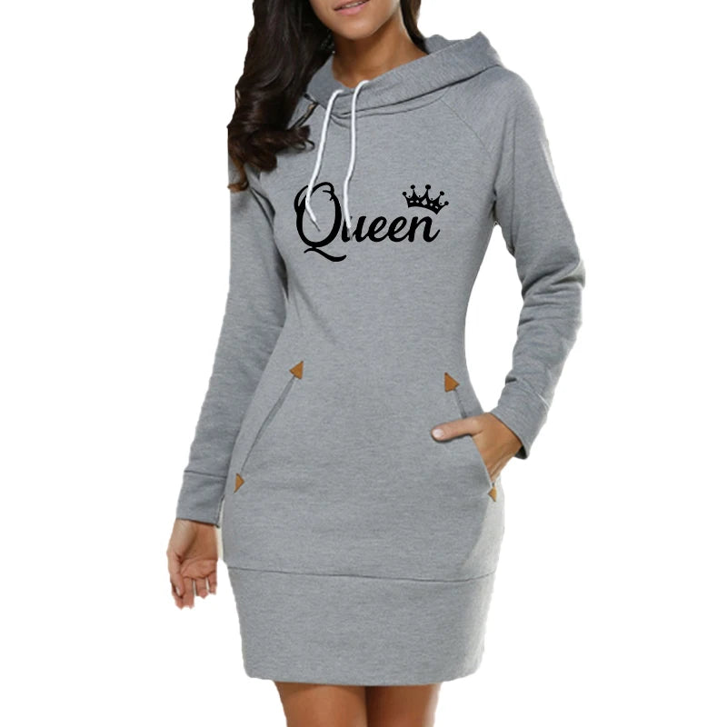 Dam Hoodie Klänning – Queen Print, Långärmad med Fickor