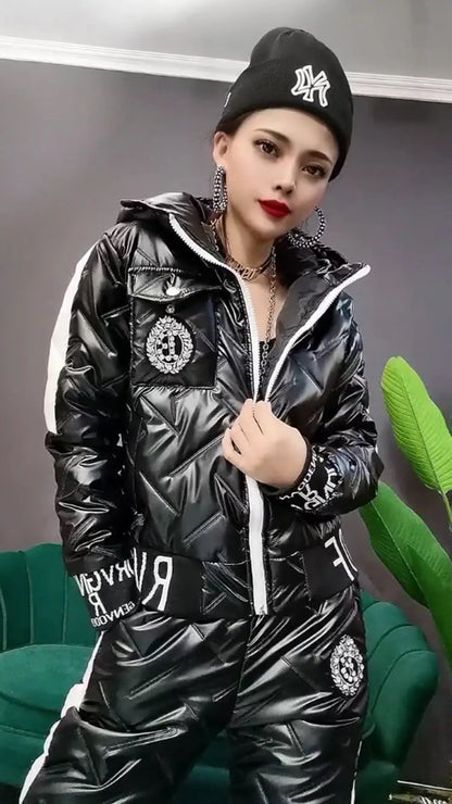 Vinterset för Dam – Glansig Parka & Tjocka Byxor i Oversize Stil