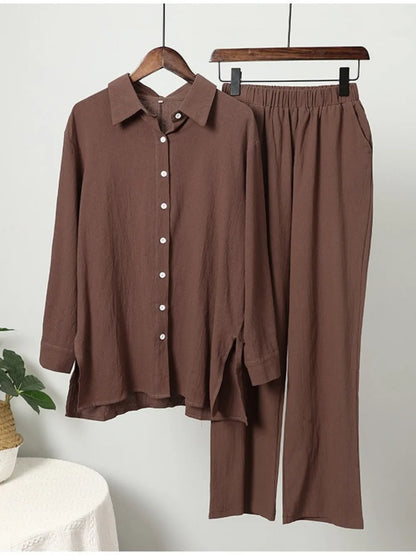 Muslimskt 2-delars Set för Kvinnor – Blus & Vida Byxor i Bomull/Linne
