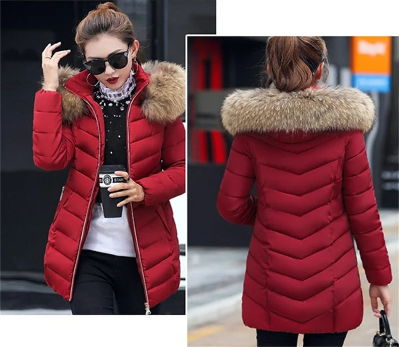Dam vinterparka – Lång jacka med huva och päls