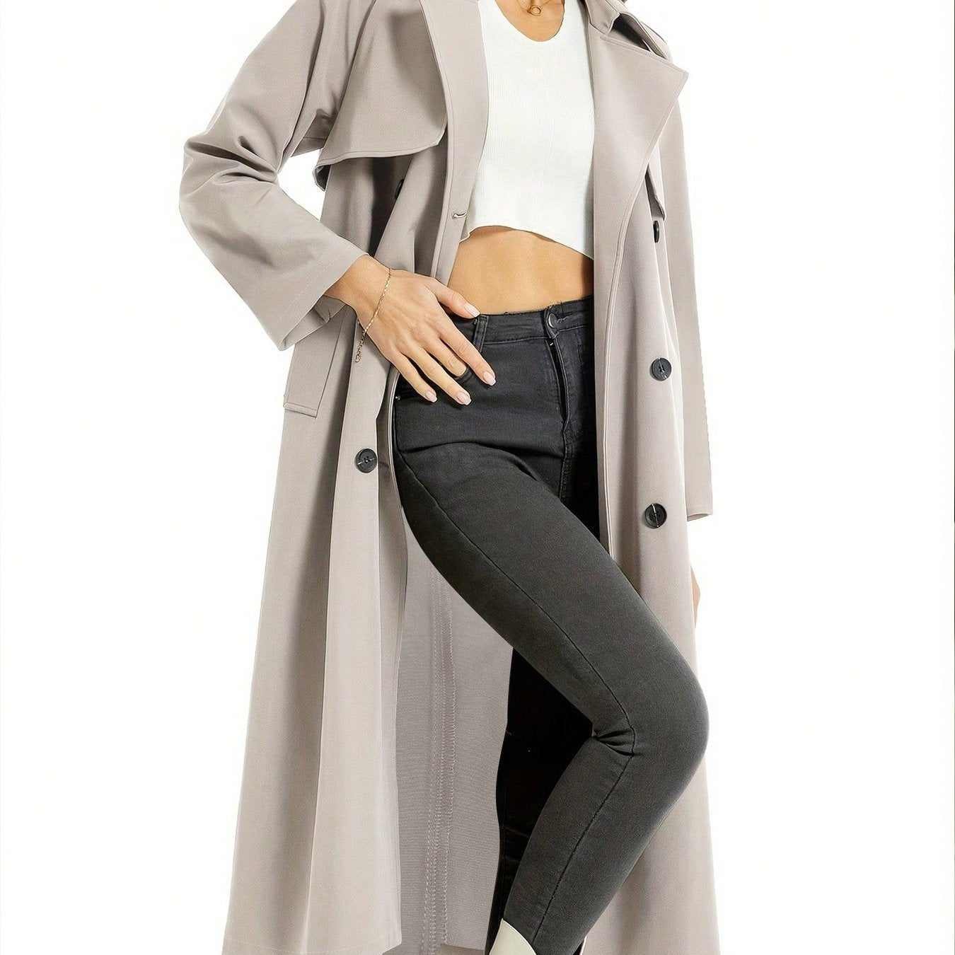 Elegant lång damkappa med bälte – minimalistisk trenchcoat i svart