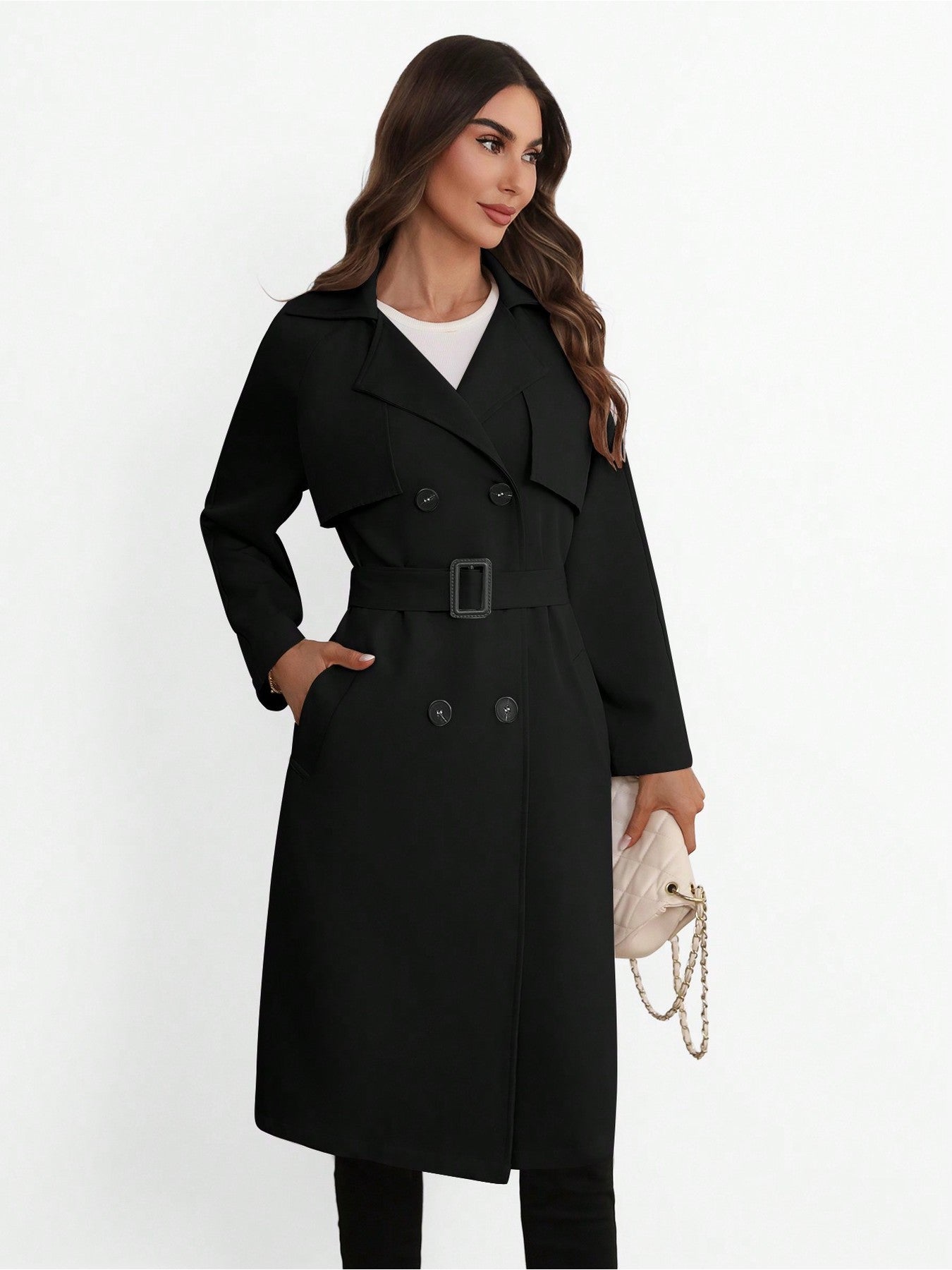 Elegant lång damkappa med bälte – minimalistisk trenchcoat i svart