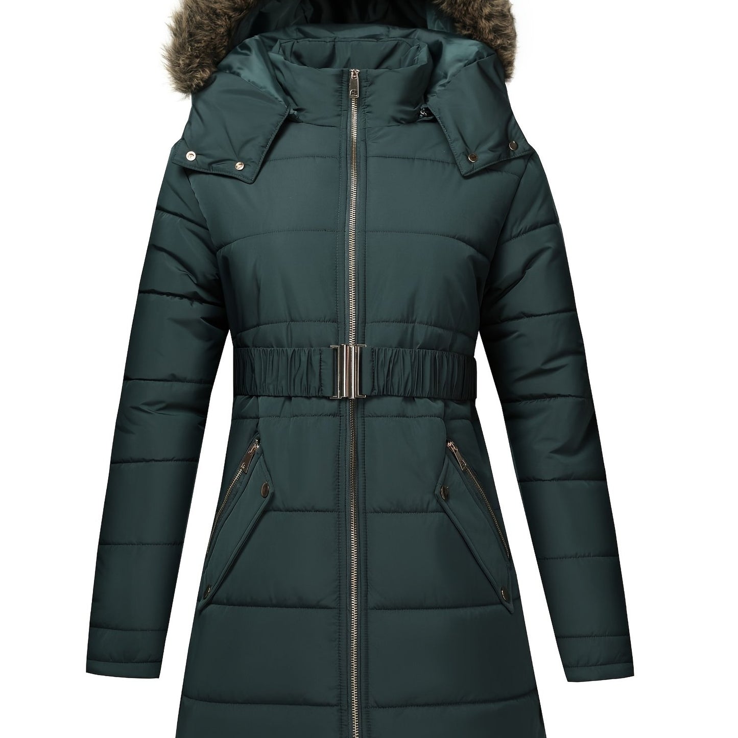 Damjacka med huva – midilång, dragkedja och justerbart bälte